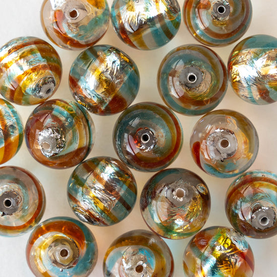 14mm Lampwork Round Beads - Crystal with Blue and Orange Stripes - 2 Beads