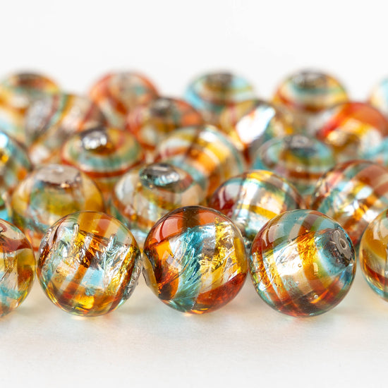 14mm Lampwork Round Beads - Crystal with Blue and Orange Stripes - 2 Beads