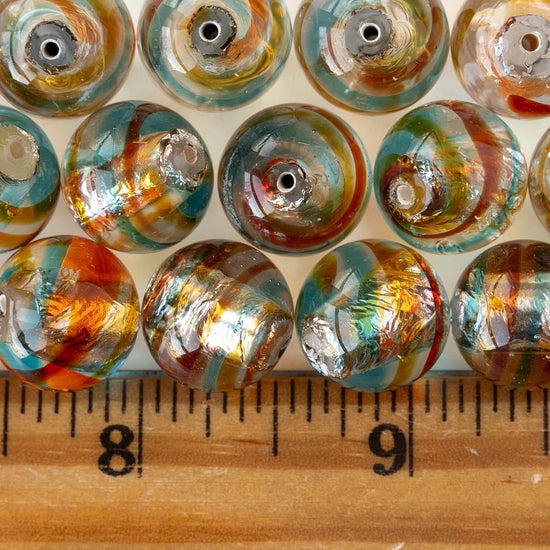 14mm Lampwork Round Beads - Crystal with Blue and Orange Stripes - 2 Beads