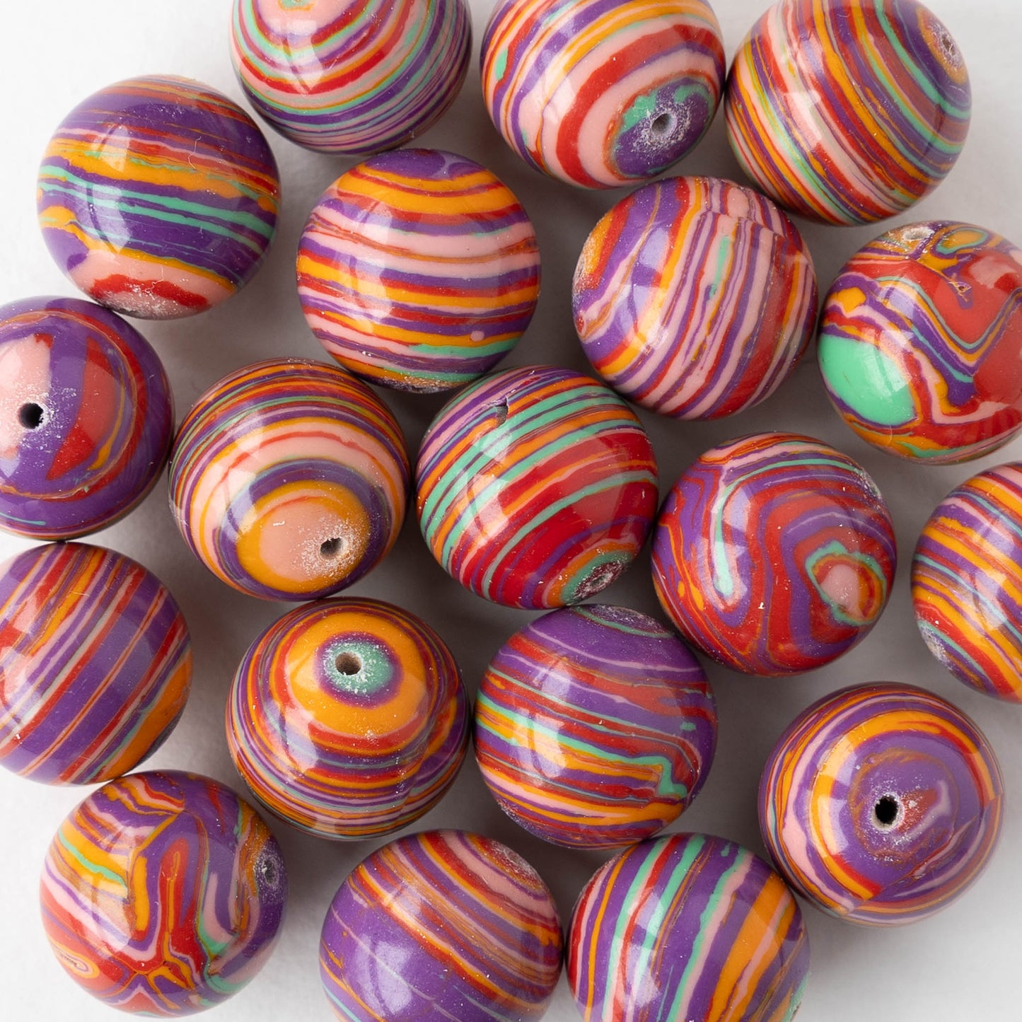 14mm Round Synthetic Malachite Beads - Colorful Stripe Mix - Whole or Half Strand