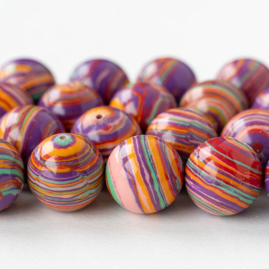 14mm Round Synthetic Malachite Beads - Colorful Stripe Mix - Whole or Half Strand