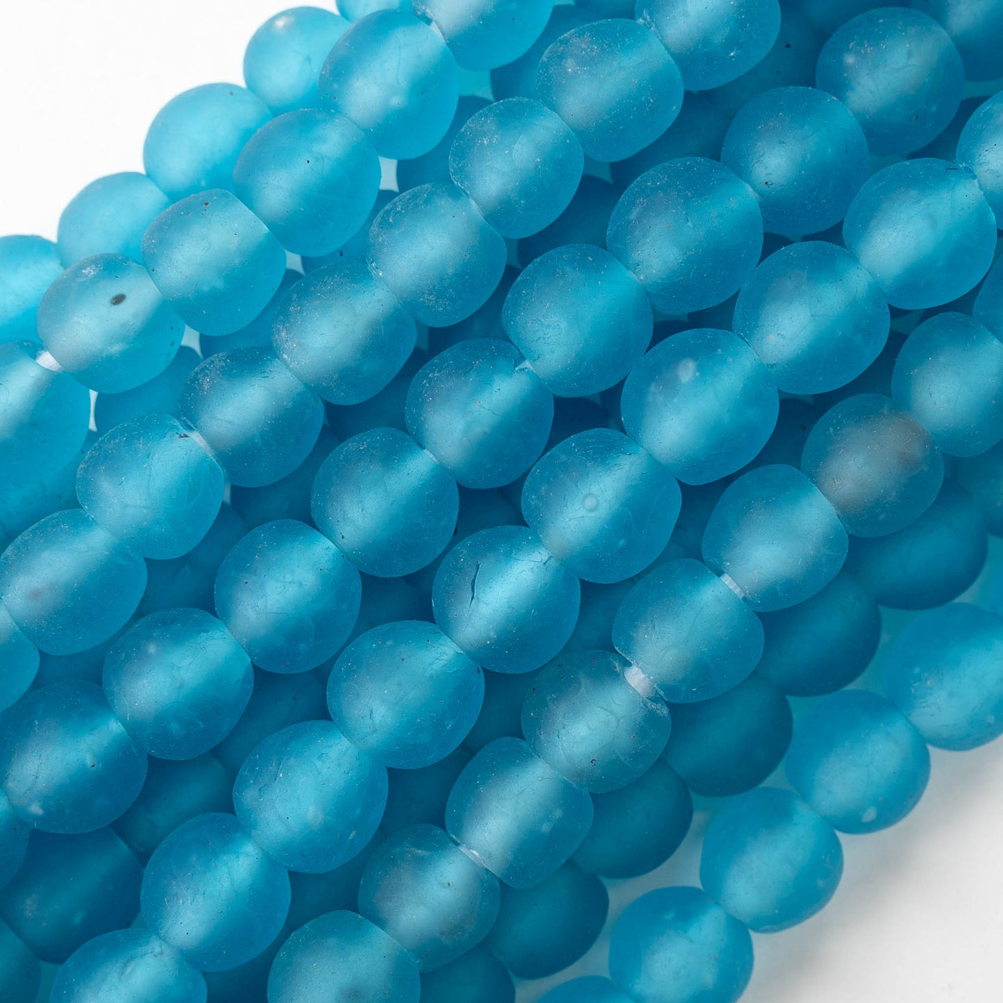 14mm Round Ghana Glass Beads - Matte Aqua Blue - Whole or Half Strand