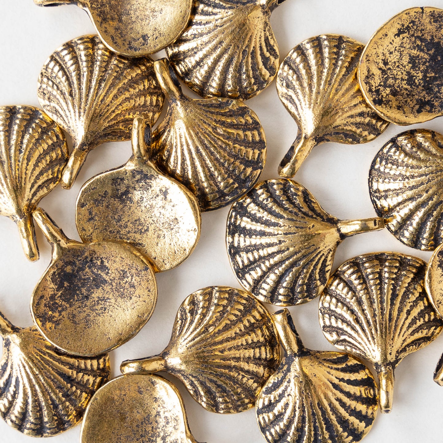 14mm Mykonos Metal Scallop Shell Beads - Antiqued Gold - 4 beads