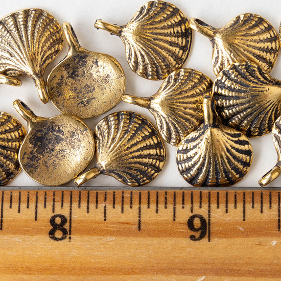 14mm Mykonos Metal Scallop Shell Beads - Antiqued Gold - 4 beads