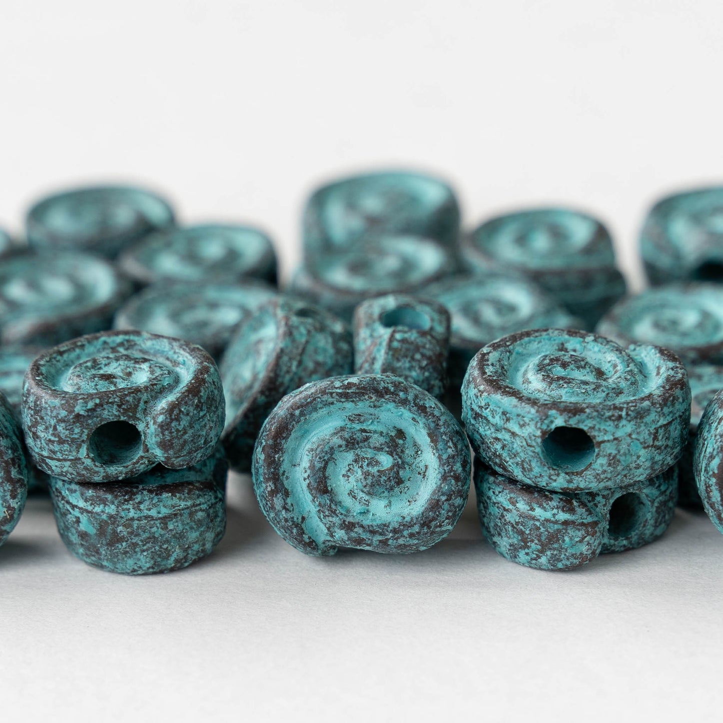 14mm Mykonos Metal Spiral Beads  - Green Patina - 4 or 12