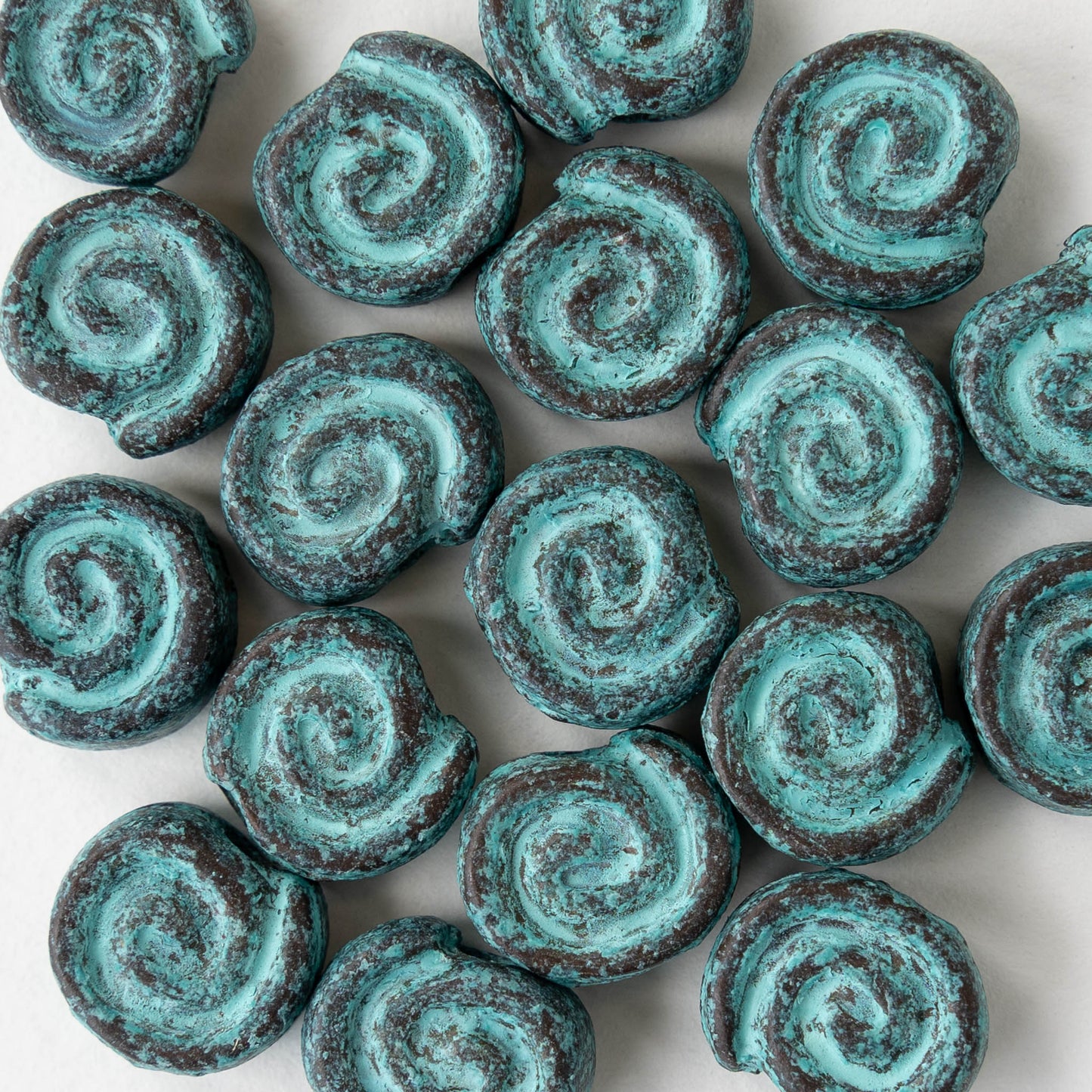 14mm Mykonos Metal Spiral Beads  - Green Patina - 4 or 12