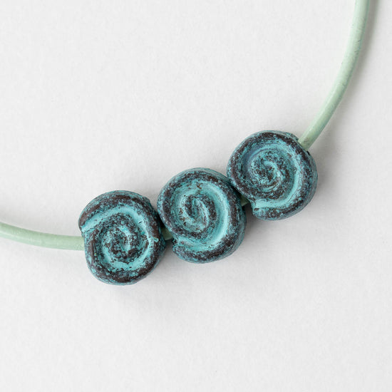 14mm Mykonos Metal Spiral Beads  - Green Patina - 4 or 12