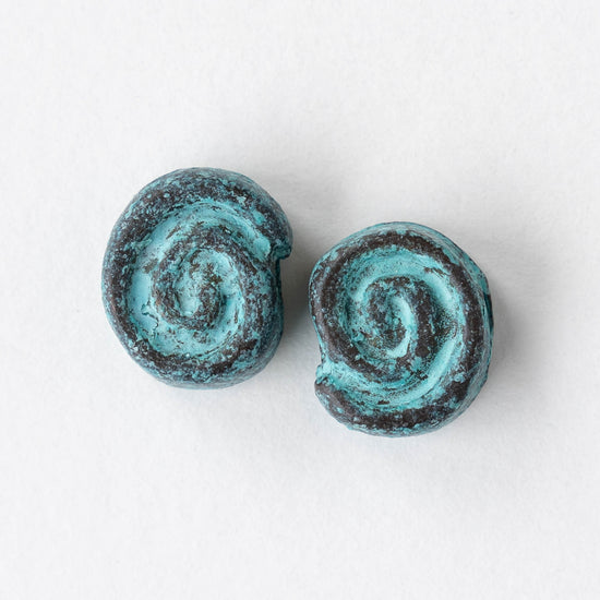 14mm Mykonos Metal Spiral Beads  - Green Patina - 4 or 12