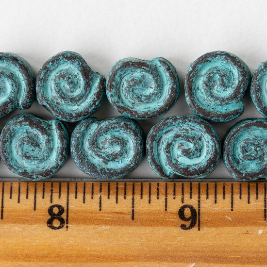 14mm Mykonos Metal Spiral Beads  - Green Patina - 4 or 12