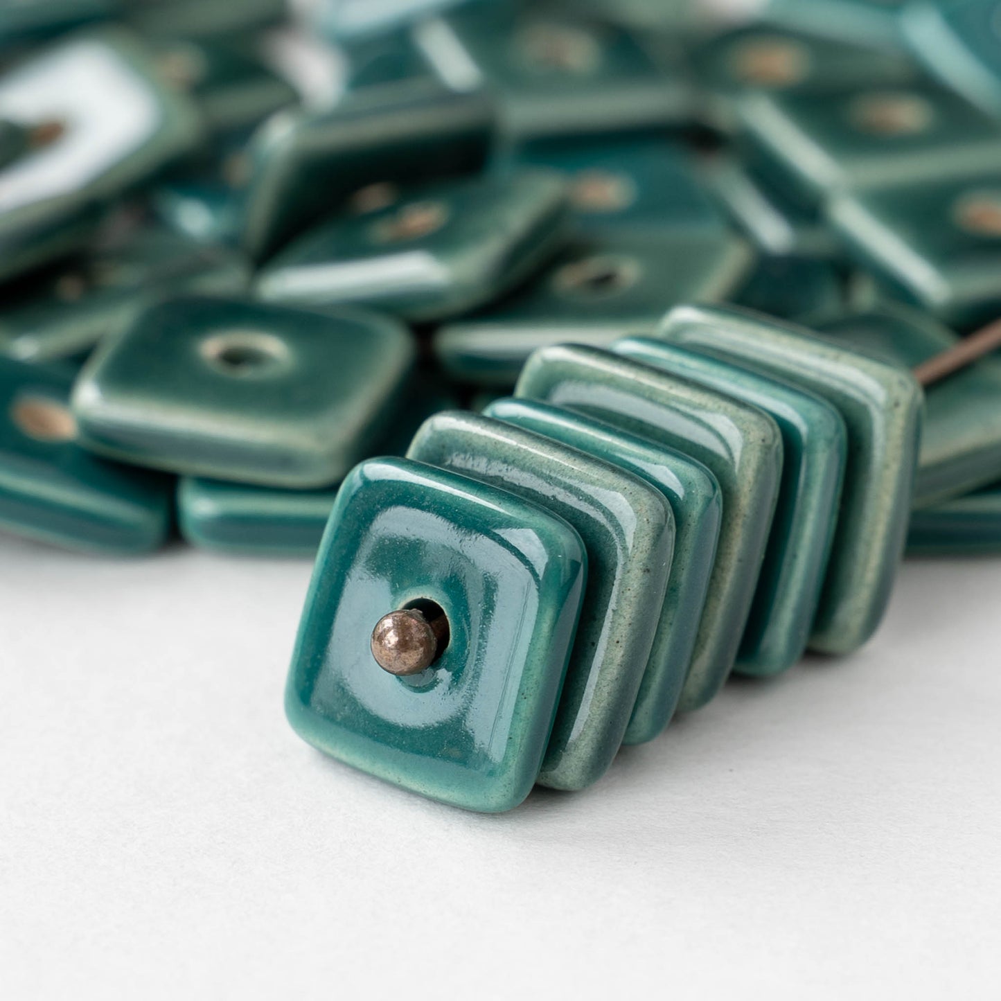 14mm Glazed Ceramic Square Chip Beads -Teal - 10 or 30 beads
