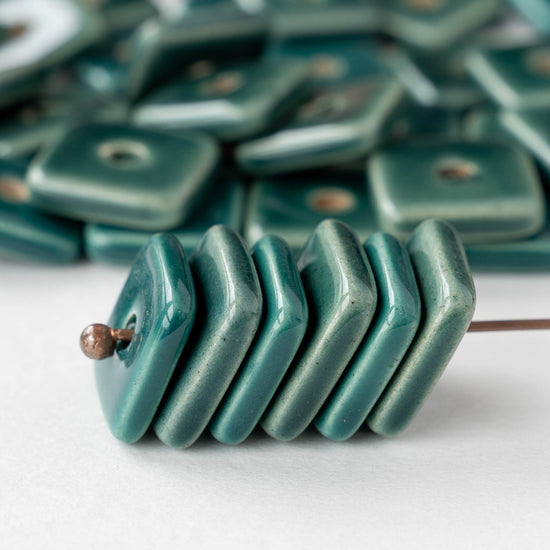 14mm Glazed Ceramic Square Chip Beads -Teal - 10 or 30 beads