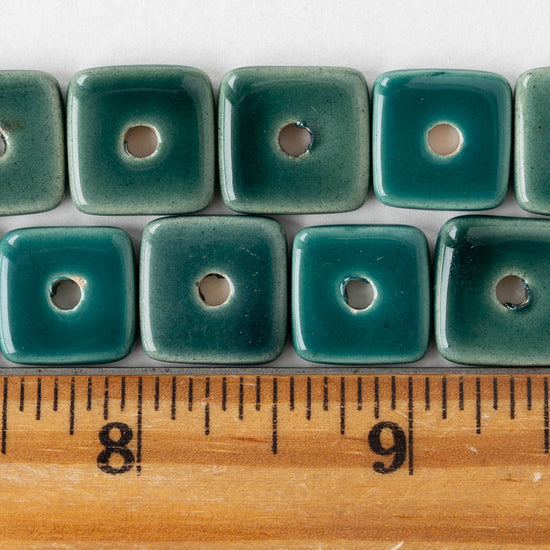 14mm Glazed Ceramic Square Chip Beads -Teal - 10 or 30 beads