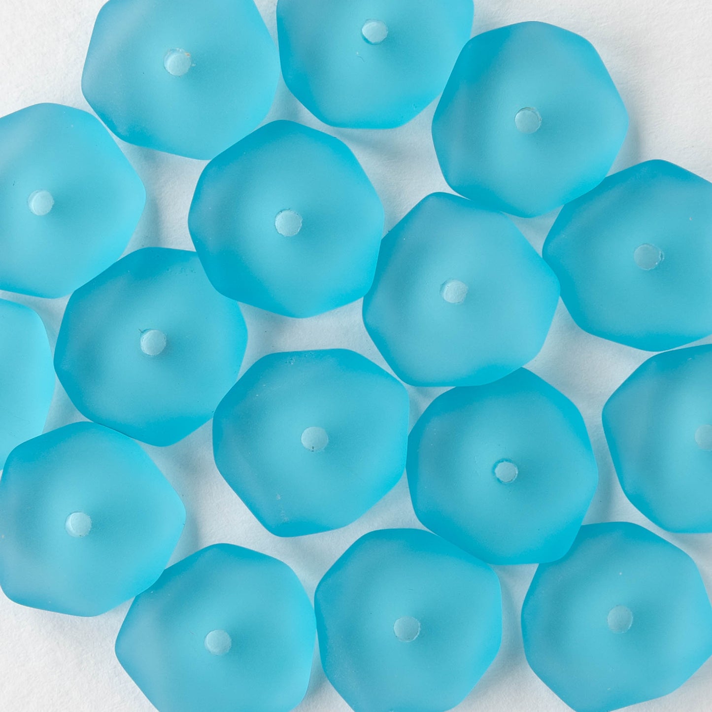 14mm Frosted Wavy Glass Rondelle -Pacific Blue  - 10 Beads