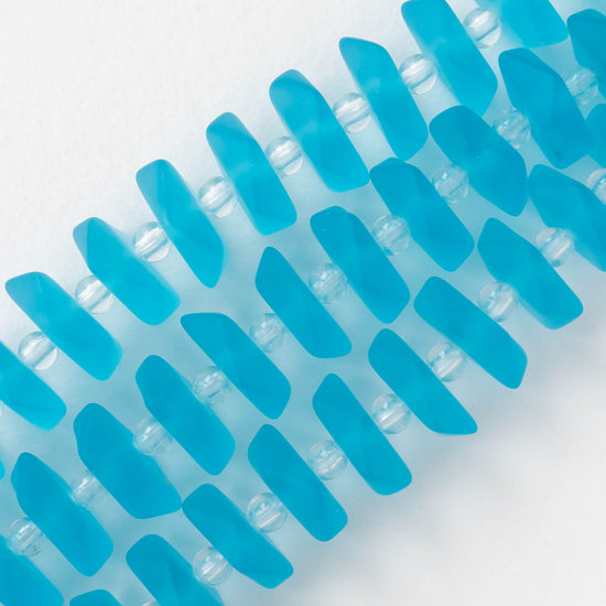14mm Frosted Wavy Glass Rondelle -Pacific Blue  - 10 Beads
