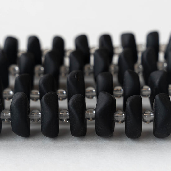 14mm Frosted Wavy Glass Rondelle - Black  - 10 Beads