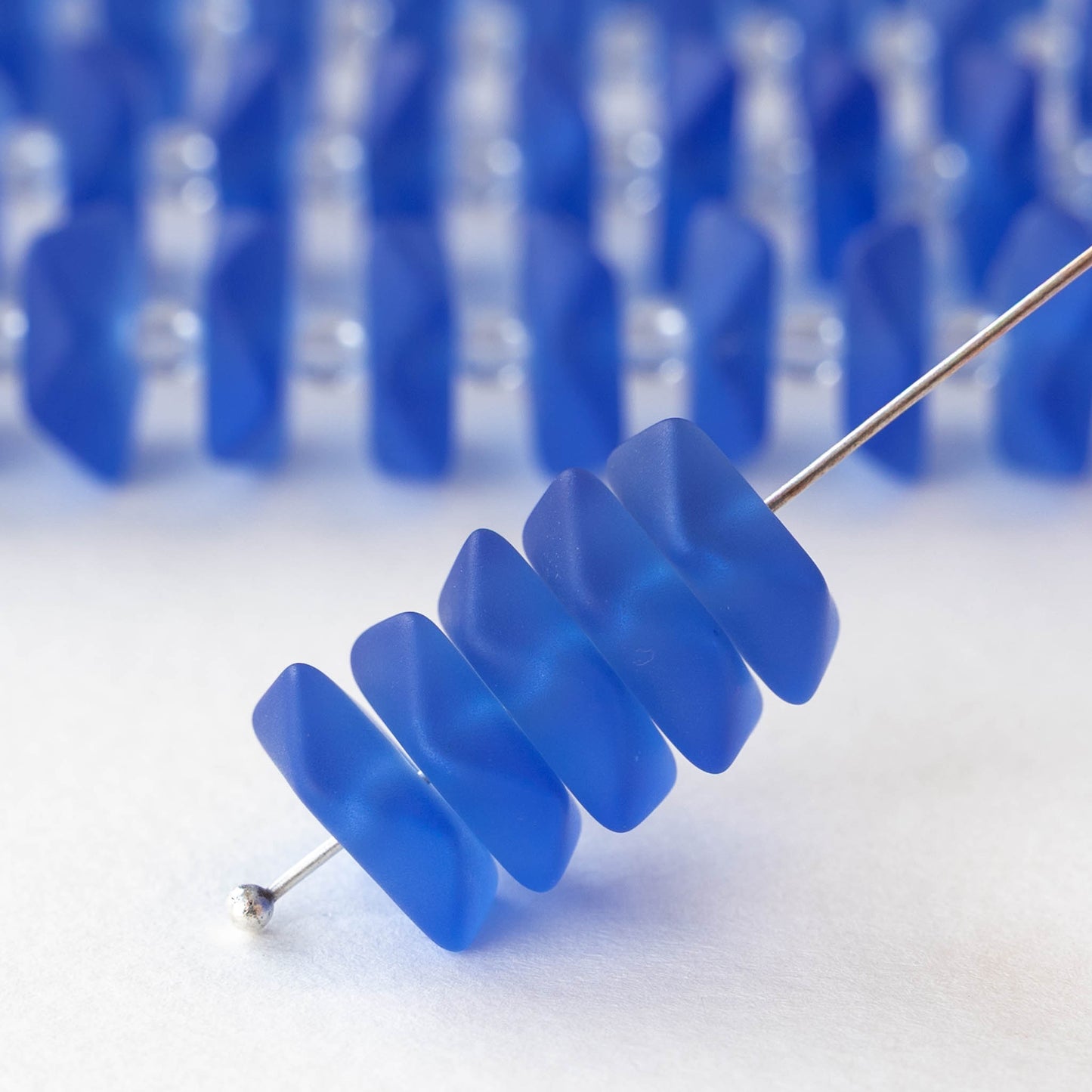 14mm Frosted Wavy Glass Rondelle - Sapphire Blue  - 10 Beads