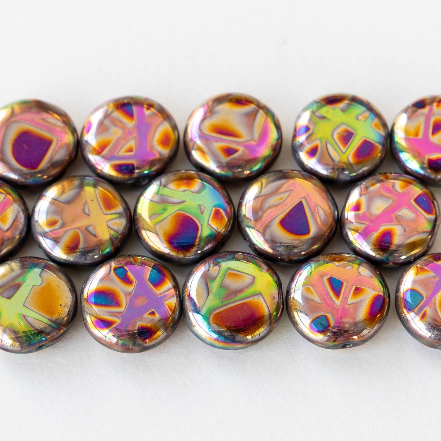 15mm Glass Coin Beads - Metallic Rainbow Batika - 10 beads