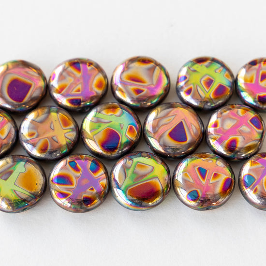 15mm Glass Coin Beads - Metallic Rainbow Batika - 10 beads