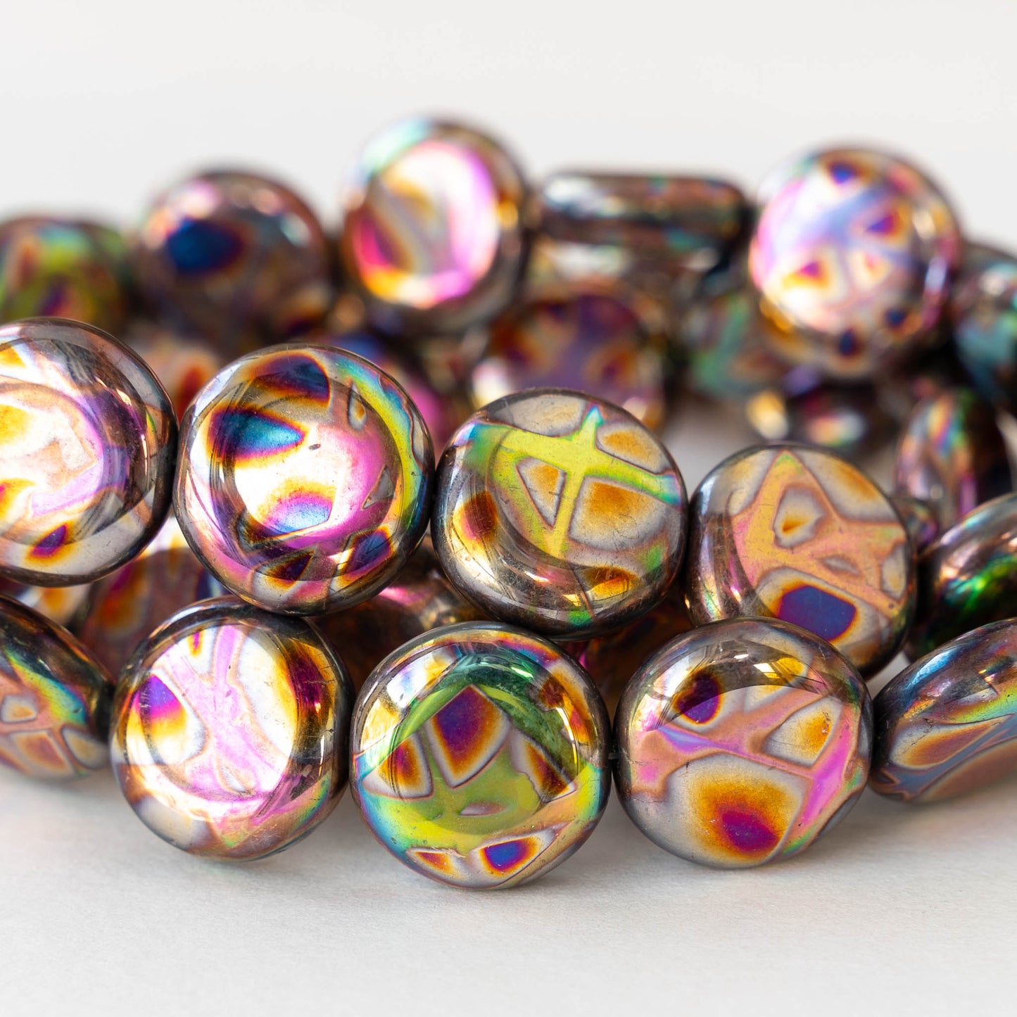 15mm Glass Coin Beads - Metallic Rainbow Batika - 10 beads