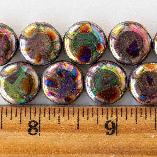 15mm Glass Coin Beads - Metallic Rainbow Batika - 10 beads