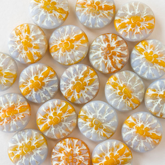 15mm Dahlia Flower Beads - Opaque Orange and Gray with White Wash - 10 Beads