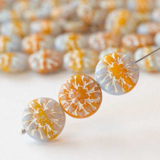 15mm Dahlia Flower Beads - Opaque Orange and Gray with White Wash - 10 Beads