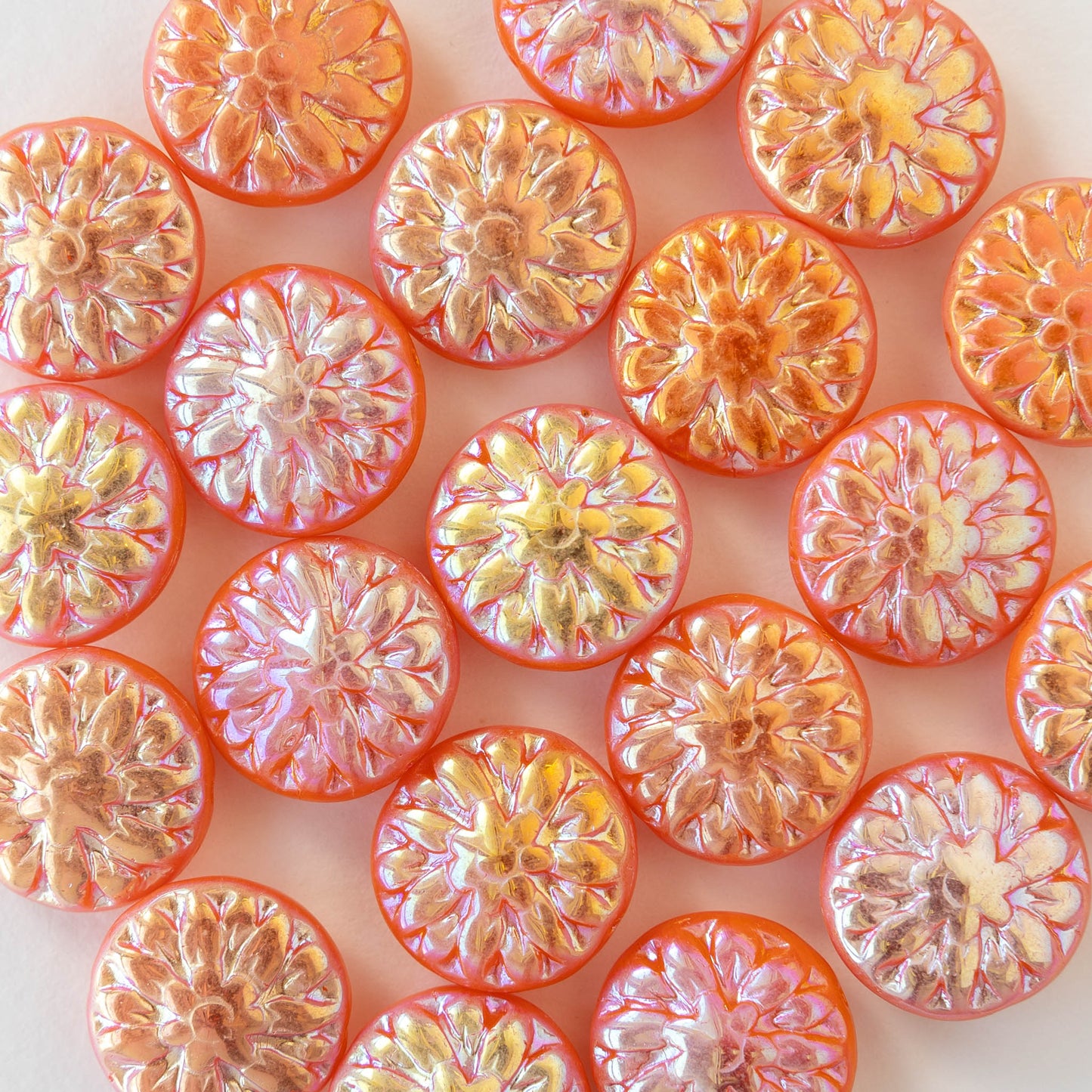 14mm Dahlia Flower Beads - Opaque Orange AB - 10 Beads