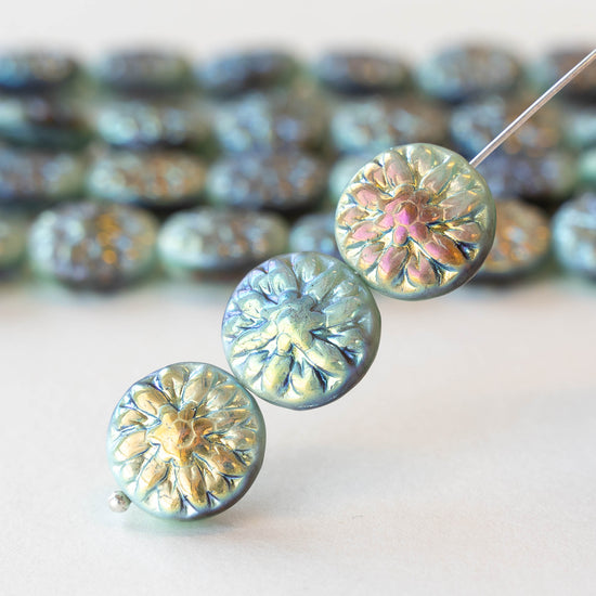 14mm Dahlia Flower Beads - Opaque Olive Green AB - 10 Beads