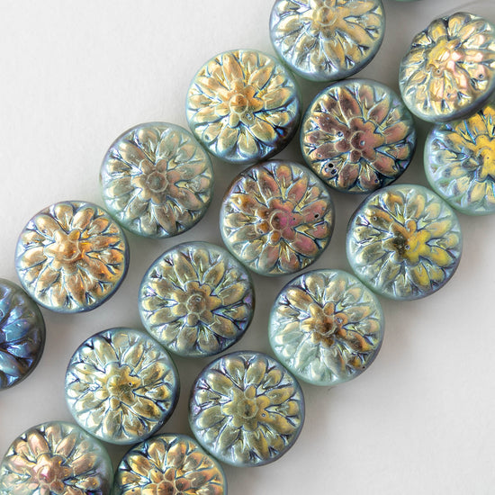 14mm Dahlia Flower Beads - Opaque Olive Green AB - 10 Beads