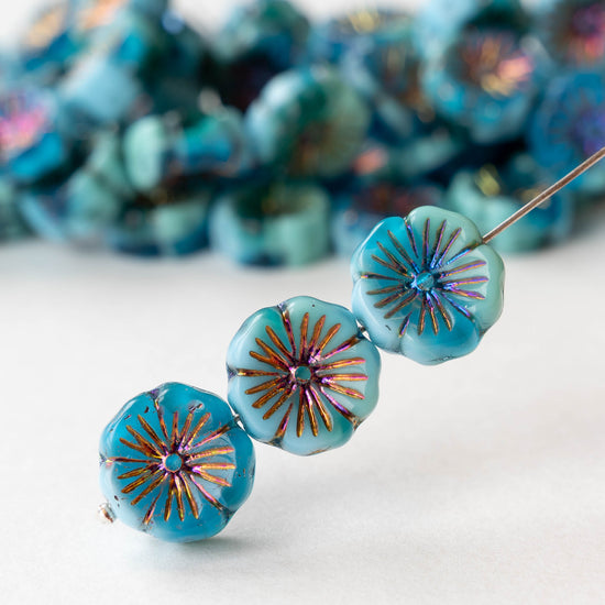 15mm Glass Flower Beads - Blue Mix with Iris Wash - 6 or 12 beads