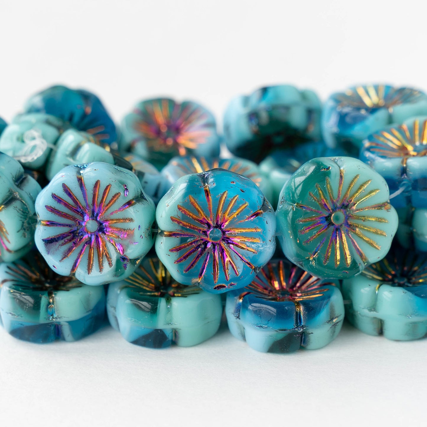 15mm Glass Flower Beads - Blue Mix with Iris Wash - 6 or 12 beads