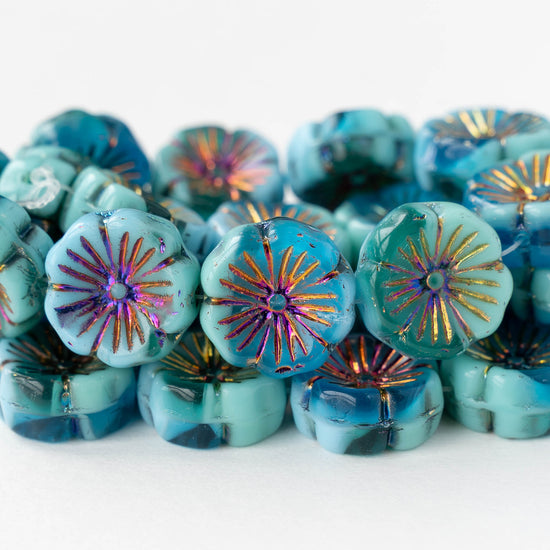 15mm Glass Flower Beads - Blue Mix with Iris Wash - 6 or 12 beads