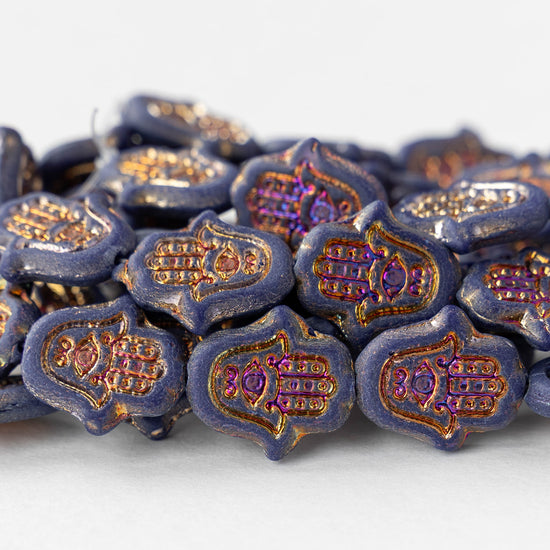Hamsa Hand Beads - Opaque Blue with Iris Wash - 6 Beads