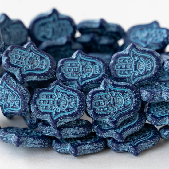 Hamsa Hand Beads - Opaque Blue with Light Blue Wash - 6 Beads