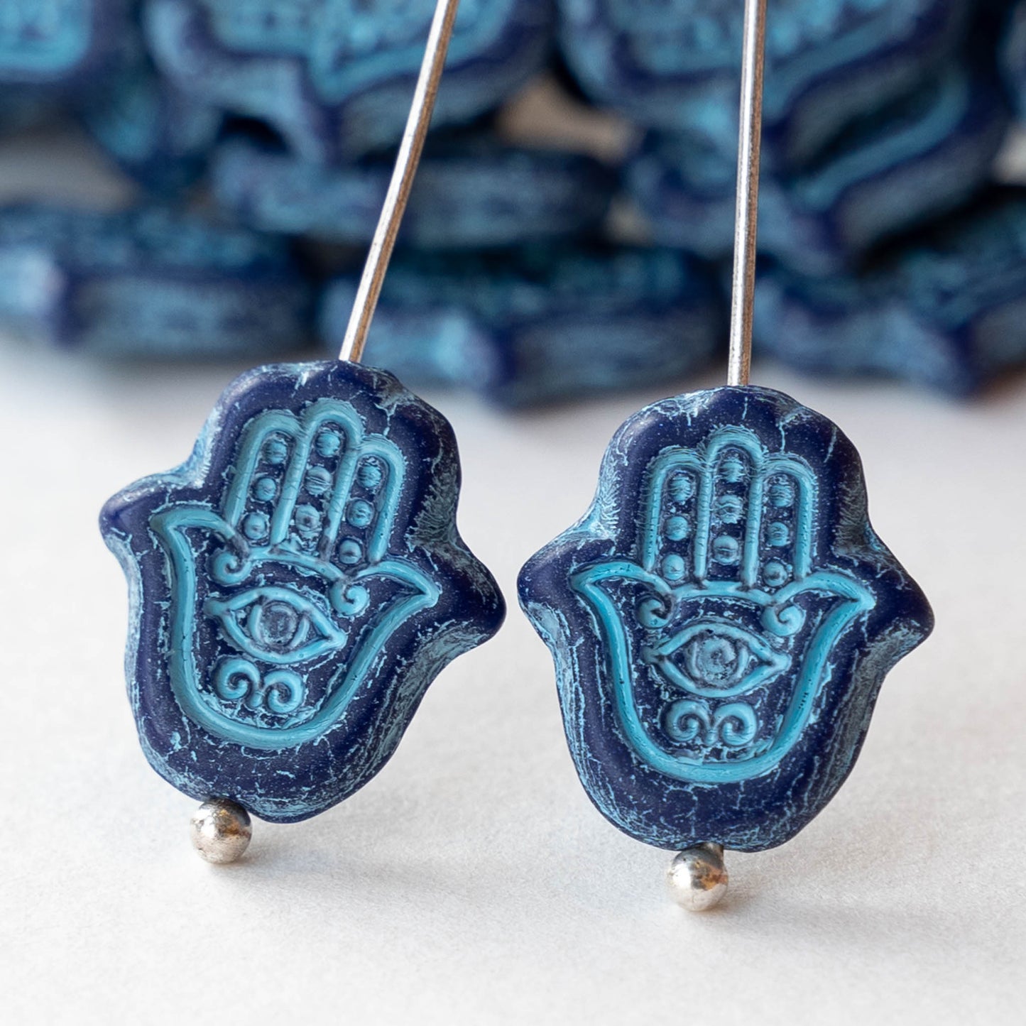 Hamsa Hand Beads - Opaque Blue with Light Blue Wash - 6 Beads