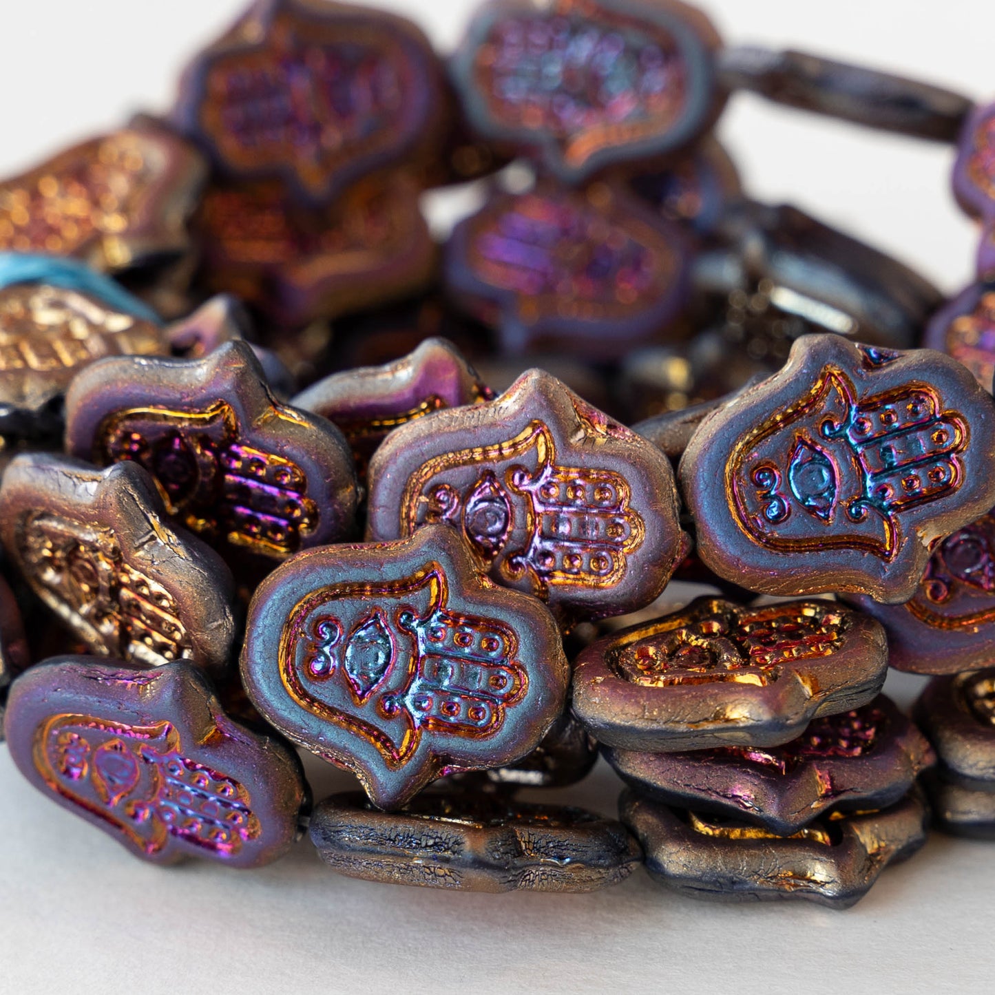 Hamsa Hand Beads - Opaque Black Purple Iris - 6 Beads