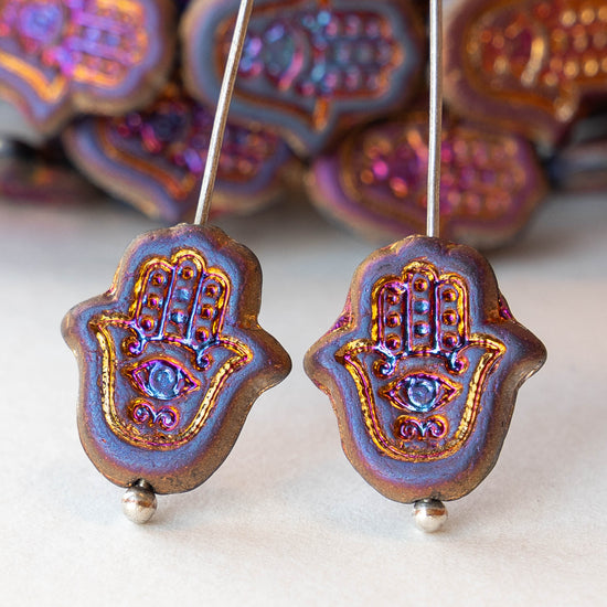 Hamsa Hand Beads - Opaque Black Purple Iris - 6 Beads