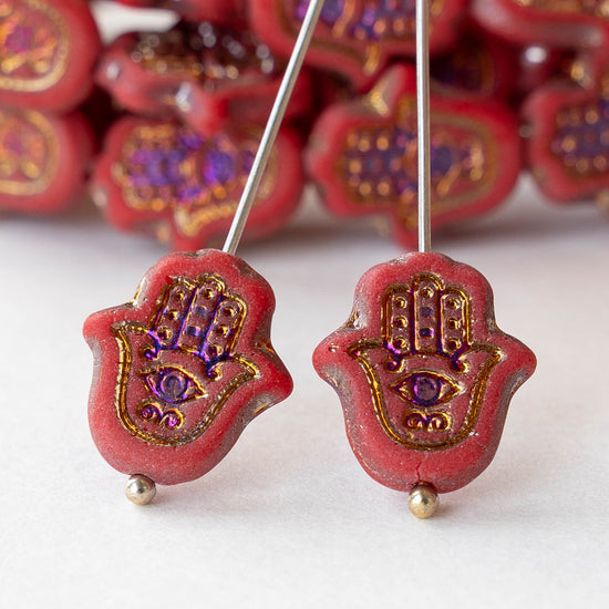 15mm Hamsa Hand Beads - Matte Red Iris - 6 or 12 Beads