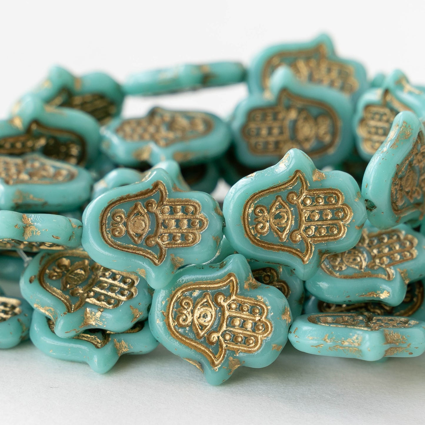 Hamsa Hand Beads - Opaque Turquoise with Gold Wash - 6 Beads