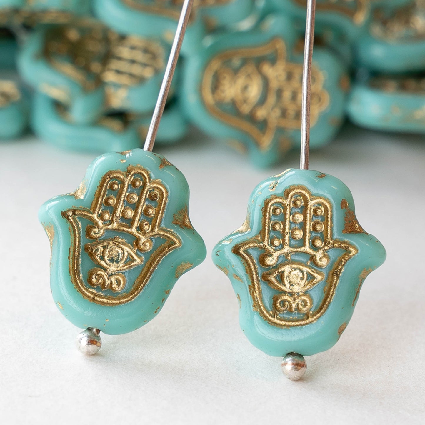 Hamsa Hand Beads - Opaque Turquoise with Gold Wash - 6 Beads