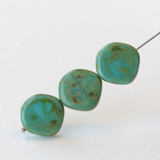 15mm Irregular Coin Beads - Opaque Turquoise Picasso - 20 beads