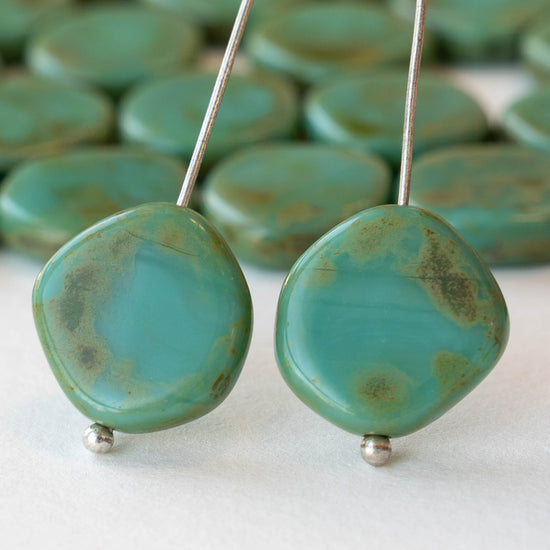 15mm Irregular Coin Beads - Opaque Turquoise Picasso - 20 beads