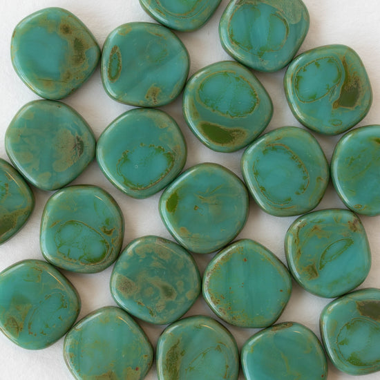 15mm Irregular Coin Beads - Opaque Turquoise Picasso - 20 beads