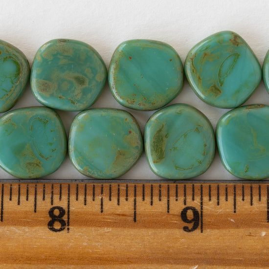 15mm Irregular Coin Beads - Opaque Turquoise Picasso - 20 beads