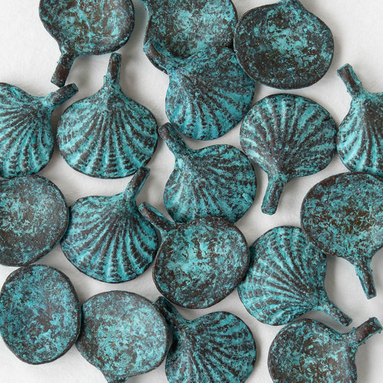 15mm Mykonos Metal Scallop Shell Beads - Green Patina - 6 or 18