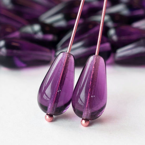 8x15mm Glass Teardrop Beads - Medium Amethyst - 20 Beads