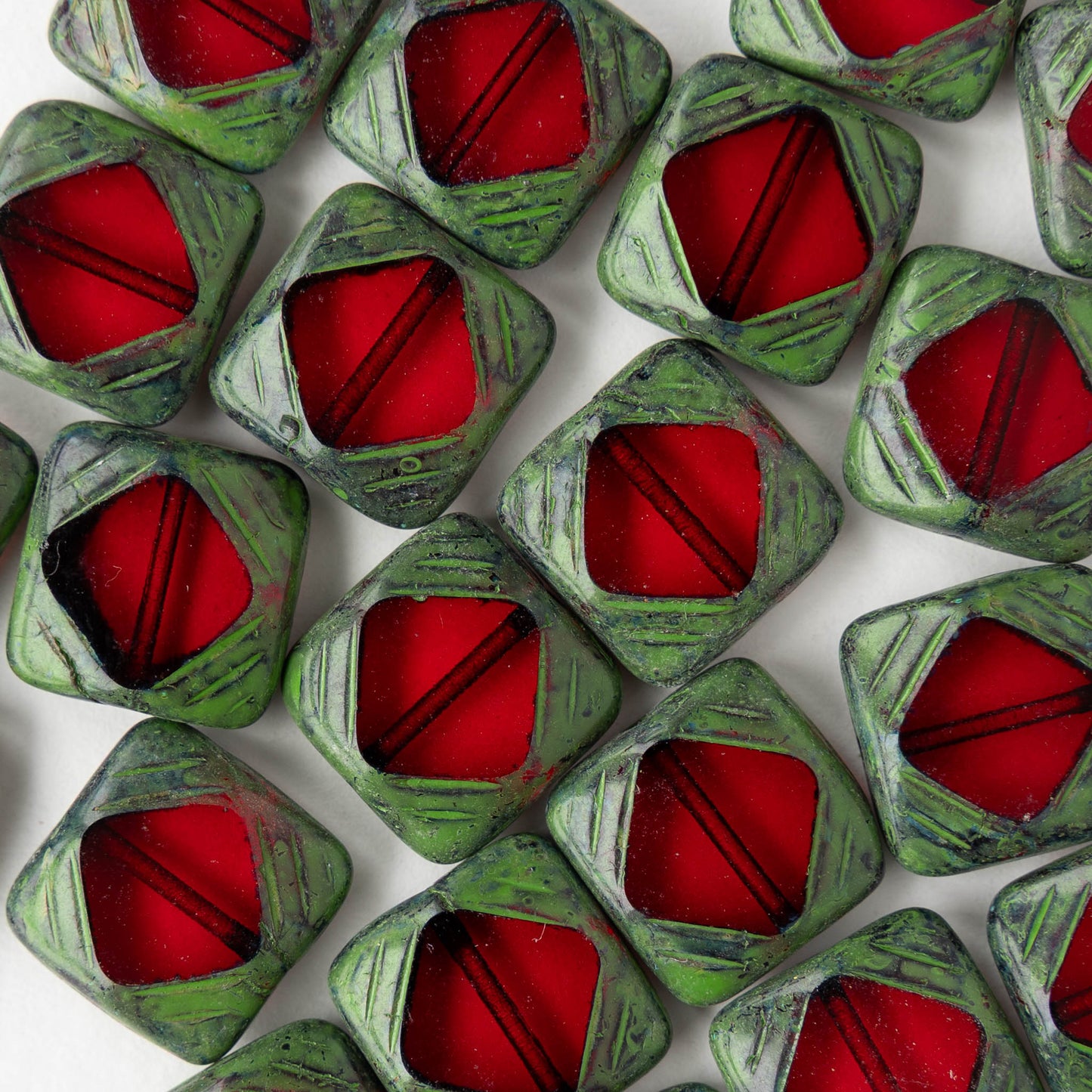 15mm Glass Tile Beads - Red with Green Picasso - 4 or 12 Beads