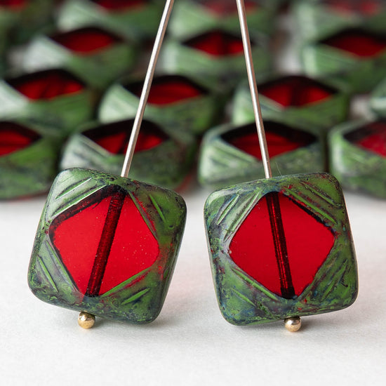 15mm Glass Tile Beads - Red with Green Picasso - 4 or 12 Beads