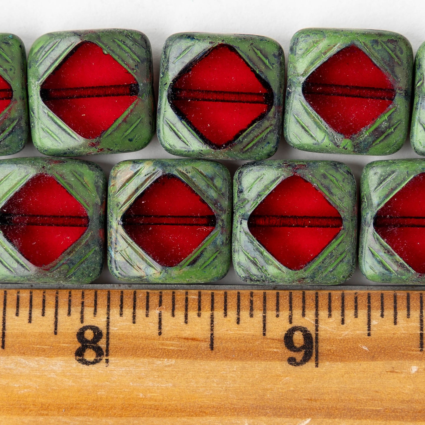 15mm Glass Tile Beads - Red with Green Picasso - 4 or 12 Beads