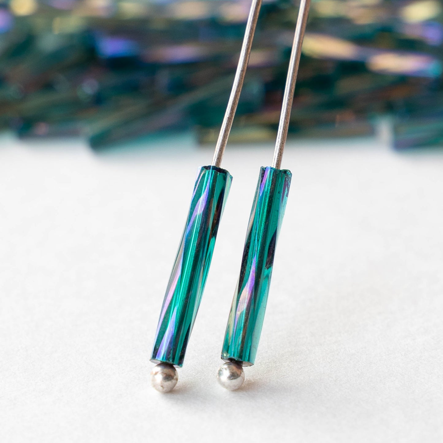 15mm Bugle Beads - Transparent Teal Rainbow - 200 Beads